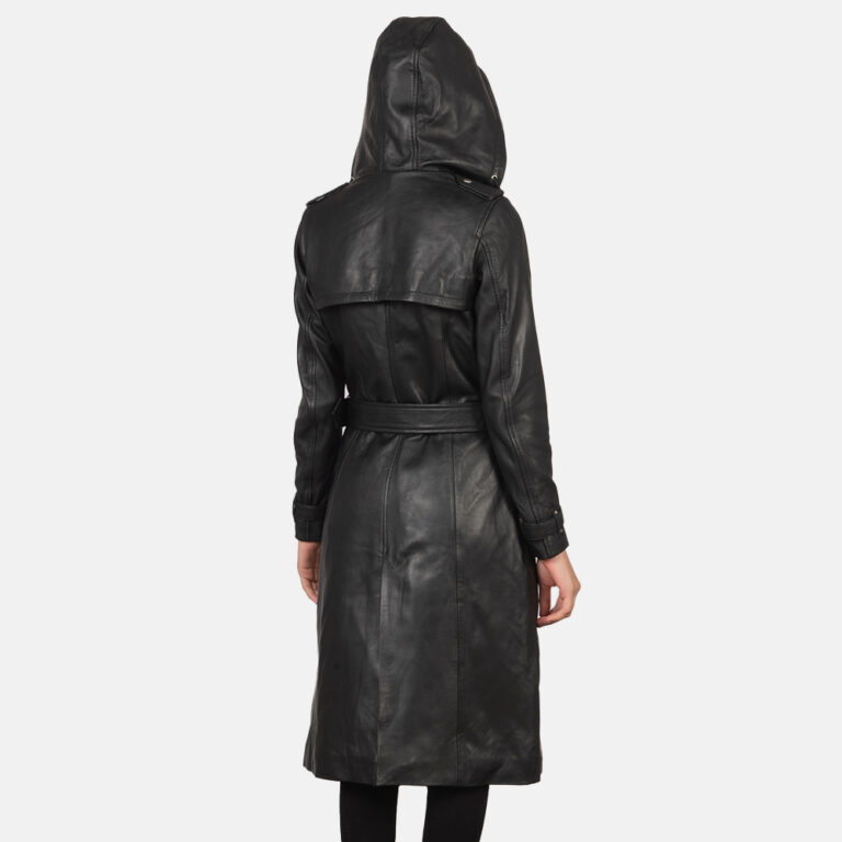 Womens Fixon Hooded Black Trench Coat Tilted Back-8-1659446499493